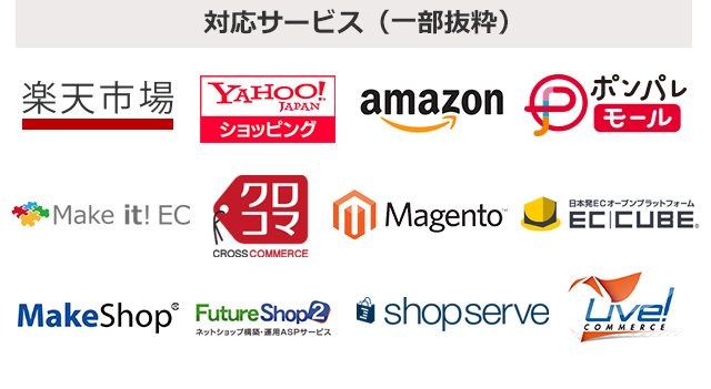 対応サービス（一部抜粋） Rakuten YAHOO!JAPANコマースパートナー認定 amazon ポンパレモール EC4U+ e-commerce for you クロコマ CROSS COMMERCE Magento 日本発ECオープンプラットフォームECCUBE MakeShop futureshop shopserve shopify partners